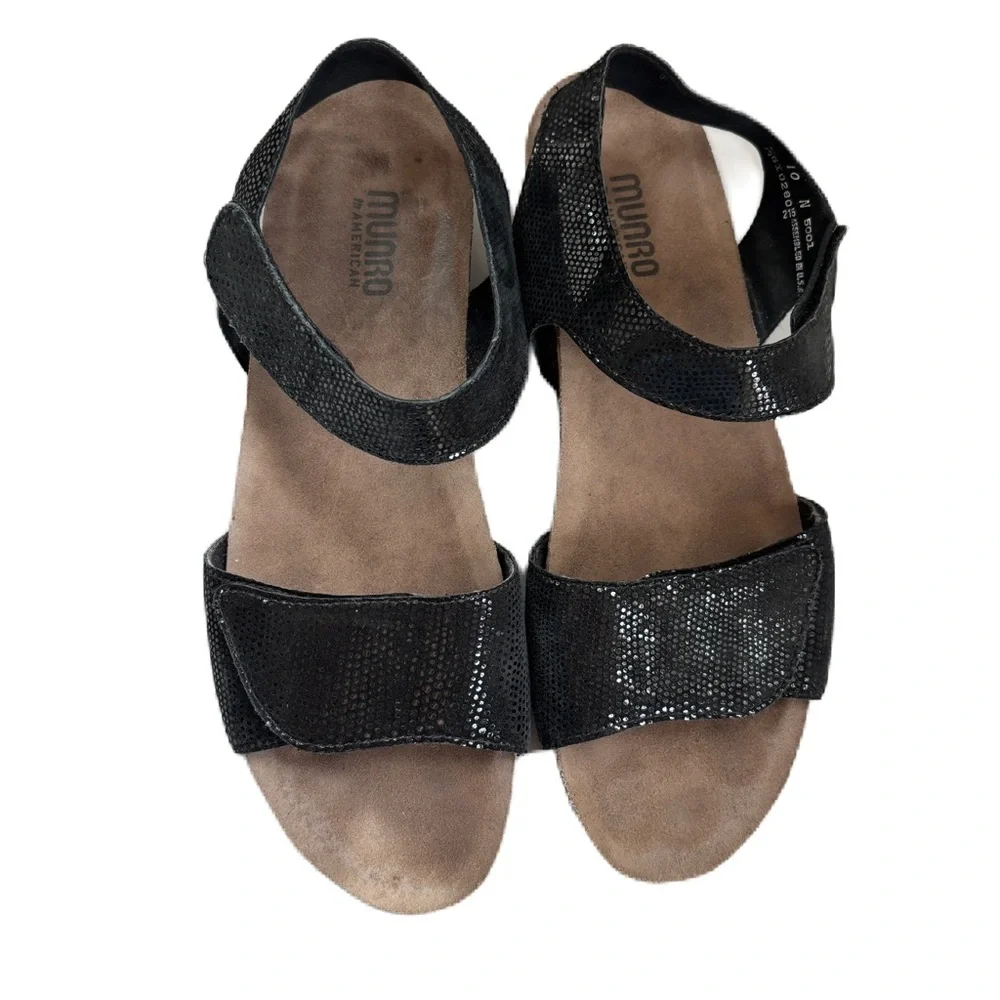Munro Pisces Boho Black Snakeskin Mini Platform Walking Wedge Strappy Sandal 10N